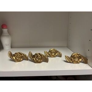 Vintage Brass Rose Flower Napkin Rings Set of 4 Floral Gold Tone‎